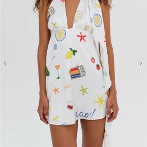 For Love & Lemons White Mini Dress with Summer Icons and Attached Scarf